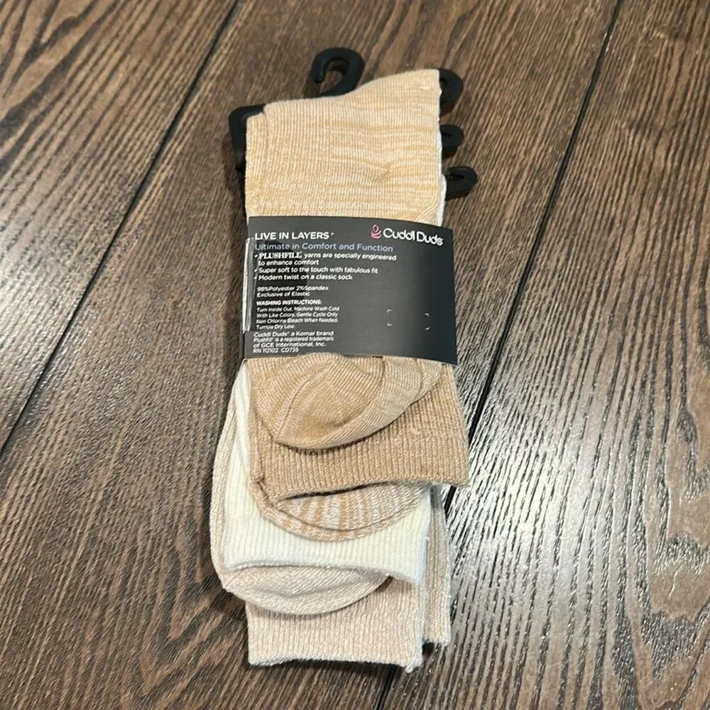Cuddl Duds Plushfill 3-Pack Midweight Everyday Crew Socks NEW Taupe